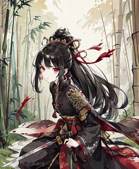 masterpiece, best quality, 1girl,black hair,red eyes, hanfu,scabbard,wuxia,sword, blood, bamboo forest,enemy <lora:Moxin_10:0.6>