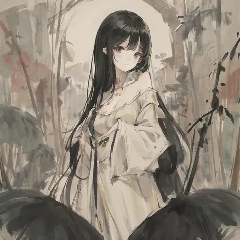 <lora:shukezouma:0.73> <lora:Moxin_10:0.7>masterpiece, best quality, official art, 8k wallpaper, highly detailed, illustration, 1 girl, black hair, long hair, detailed eyes, bamboo forrest, bare shoulders, lakes, pure, soft smile