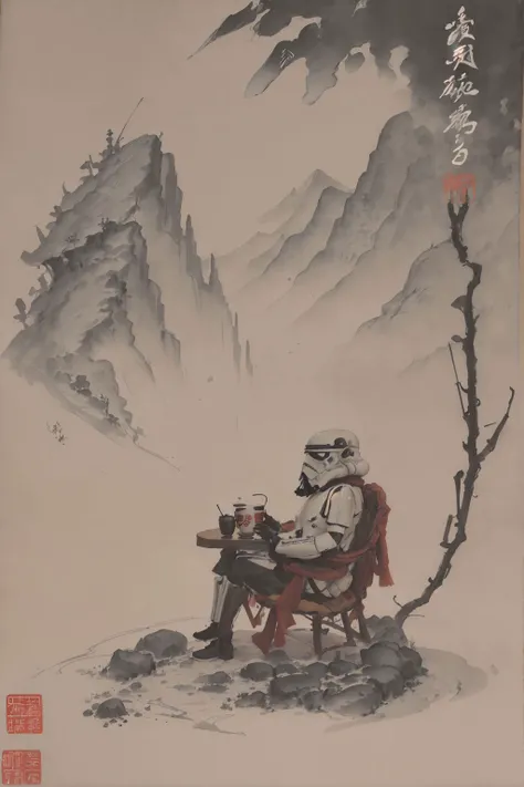 long shot view, A stormtrooper sitting in a bamboo chair, drinking tea, next to a mountain waterfall painting scroll, shukezouma, negative space, shuimobysim , <lora:shuV2:0.8>, masterpiece, best quality, traditional chinese ink painting, wuchangshuo, <lora:storm trooper:0.8>