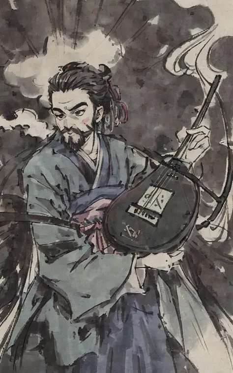 shukezouma, (negative space:1.5),clean background, shuimobysim, hanfu, beard, man, mustaches, playing pipa, blue and green ink, <lora:Moxin_Shukezouma:1> <lora:Moxin_1010:0.7>