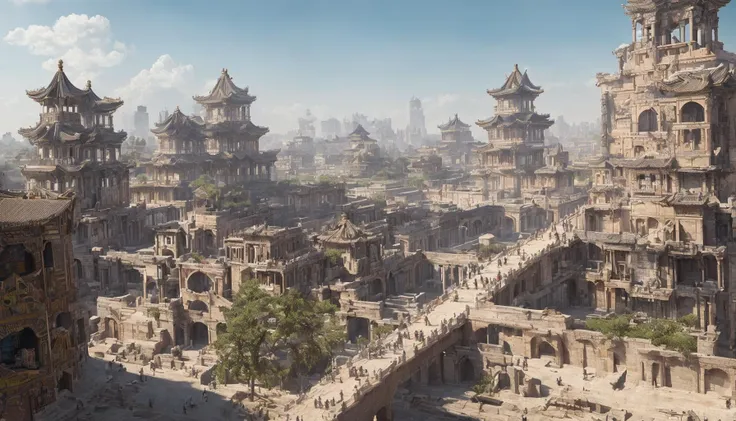 masterpiece, best quality, <lora:Moxin_10:0.5>, <lora:Moxin_Shukezouma11:1>, bonian, shukezouma, fantastic composition, mix of old chinese and european and egyptian town and roman city and aztec city, many building, beauty sky detail, realistic, realism, detailed, best detail, cyberpunk aesthetic, futuristic settings