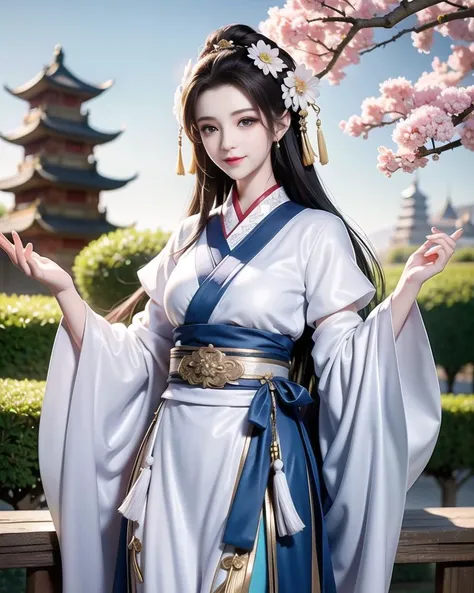 shukezouma, negative space, , shuimobysim ,, portrait of a woman standing , willow branches, (masterpiece, best quality:1.2), traditional chinese ink painting, <lora:shuimobysimV3:0.7>, modelshoot style, peaceful, (smile), looking at viewer, wearing long hanfu, hanfu, song, willow tree in background, wuchangshuo, <lora:MoXinV1:0.0.4> <lora:shukezouma:0.2> <lora:shukezouma_v1_1:0.2> <lora:mix4:0.2>