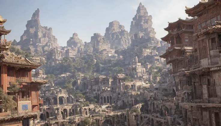 masterpiece, best quality, <lora:Moxin_10:0.5>, <lora:Moxin_Shukezouma11:1>, bonian, shukezouma, fantastic composition, mix of old chinese and european and egyptian town and roman city, many building, beauty sky detail, realistic, realism, detailed, best detail, cyberpunk aesthetic, futuristic, sky city