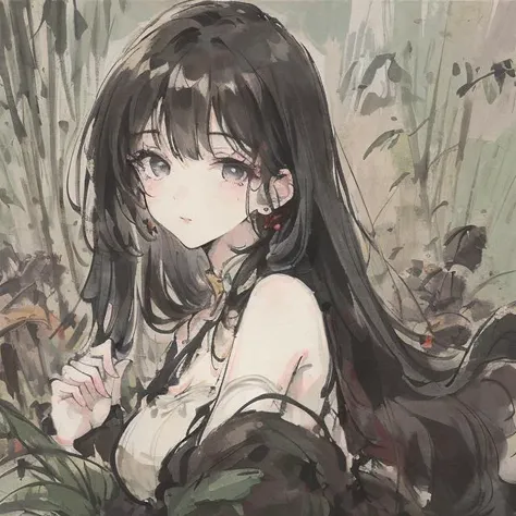 <lora:shukezouma:0.73> <lora:Moxin_10:0.7>masterpiece, best quality, official art, 8k wallpaper, highly detailed, illustration, 1 girl, black hair, long hair, detailed eyes, bamboo forrest, bare shoulders, lakes, pure, soft smile