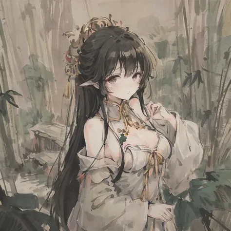 <lora:shukezouma:0.73> <lora:Moxin_10:0.7>masterpiece, best quality, official art, 8k wallpaper, highly detailed, illustration, 1 girl, black hair, long hair, detailed eyes, bamboo forrest, bare shoulders, lakes, pure, soft smile