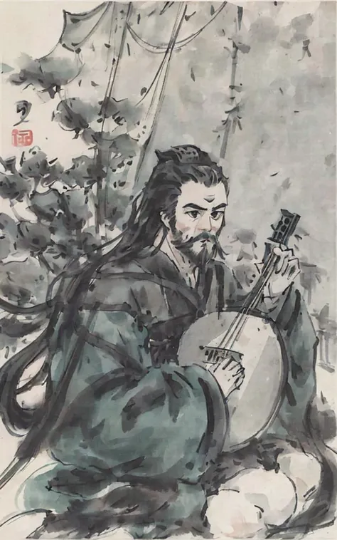 shukezouma, (negative space:1.5),clean background, shuimobysim, hanfu, beard, man, mustaches, playing pipa, blue and green ink, <lora:Moxin_Shukezouma:1> <lora:Moxin_1010:0.7>