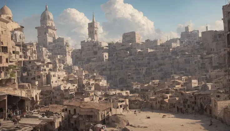 masterpiece, best quality, <lora:Moxin_10:0.5>, <lora:Moxin_Shukezouma11:1>, bonian, shukezouma, fantastic composition, old jewish hebrew town, many building, beauty sky detail, realistic, realism, detailed, best detail, cyberpunk aesthetic, futuristic settings