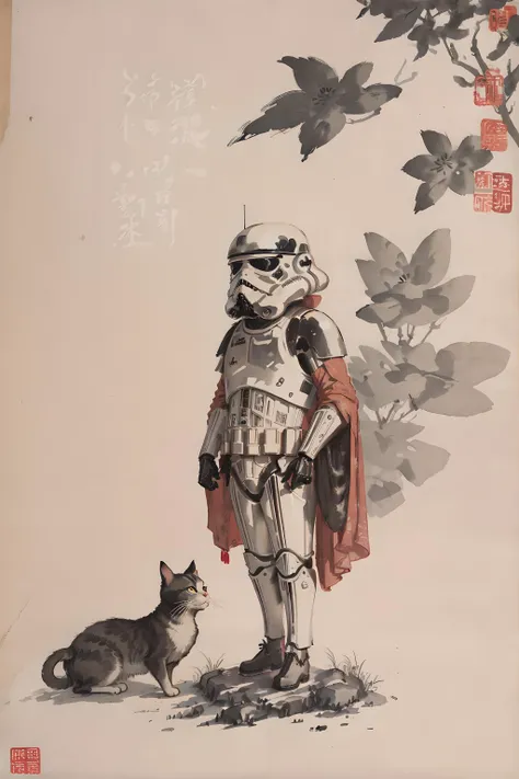 A stormtrooper standing in lush green bamboo forest, ancient Chinese architecture behind him, a cat rubbing against his feet, shukezouma, negative space, shuimobysim , <lora:shukezouma_v1_1:0.8>, masterpiece, best quality, traditional chinese ink painting, wuchangshuo, <lora:storm trooper:0.9>