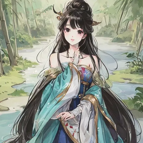 <lora:Moxin_10:0.7>masterpiece, best quality, official art, 8k wallpaper, highly detailed, illustration, 1 girl, black hair, long hair, detailed eyes, bamboo forrest, bare shoulders, lakes, pure, soft smile