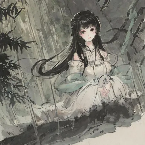 <lora:shukezouma:0.73> <lora:Moxin_10:0.7>masterpiece, best quality, official art, 8k wallpaper, highly detailed, illustration, 1 girl, black hair, long hair, detailed eyes, bamboo forrest, bare shoulders, lakes, pure, soft smile