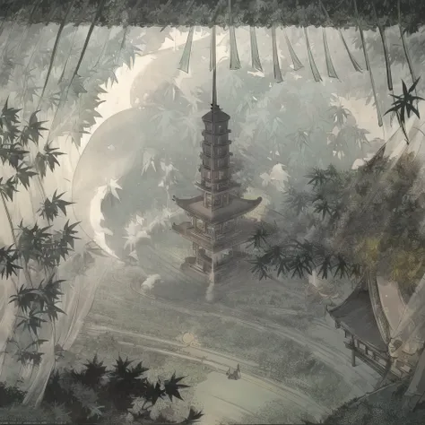 Painting of a pagoda in a forest with trees and a sky background ...