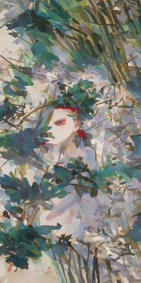 shuimobysim, girl, woman,bare shoulders, (trees:0.5), (flowers:0.6) ,(birds:0.2), (bamboo0.1), lakes, Hangzhou, wuchangshuo, wuchangshuo in background <lora:shuimobysimV3:0.8>