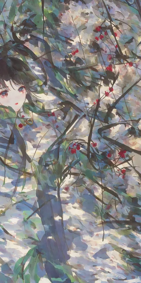 shuimobysim, girl, woman,bare shoulders, (trees:0.5), (flowers:0.6) ,(birds:0.2), (bamboo0.1), lakes, Hangzhou, wuchangshuo, wuchangshuo in background <lora:shuimobysimV3:0.8>
