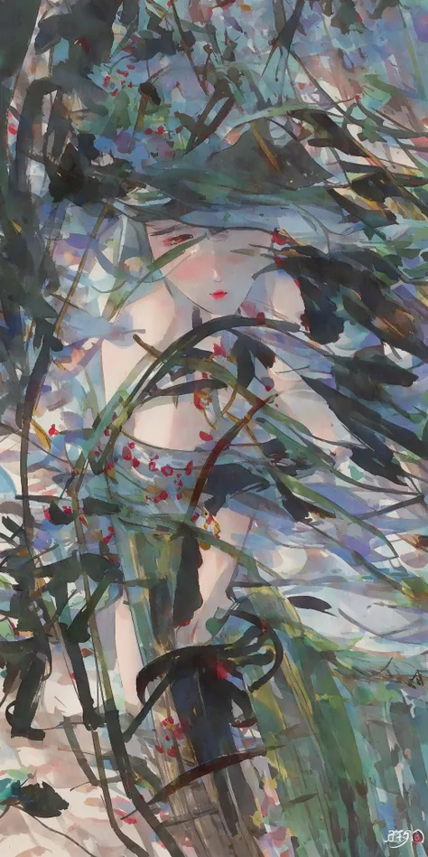 shuimobysim, girl, woman,bare shoulders, (trees:0.5), (flowers:0.6) ,(birds:0.2), (bamboo0.1), lakes, Hangzhou, wuchangshuo, wuchangshuo in background <lora:shuimobysimV3:0.8>