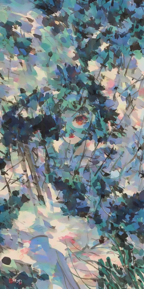 shuimobysim, girl, woman,bare shoulders, (trees:0.5), (flowers:0.6) ,(birds:0.2), (bamboo0.1), lakes, Hangzhou, wuchangshuo, wuchangshuo in background <lora:shuimobysimV3:0.8>