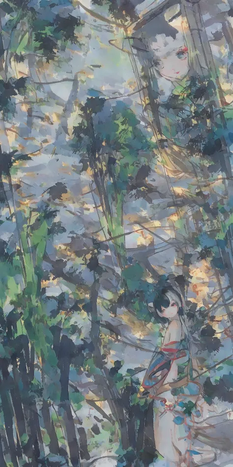 shuimobysim, girl, woman,bare shoulders, (trees:0.5), (flowers:0.6) ,(birds:0.2), (bamboo0.1), lakes, Hangzhou, wuchangshuo, wuchangshuo in background <lora:shuimobysimV3:0.8>
