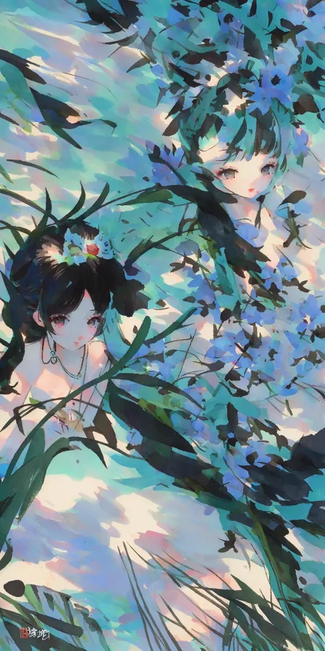 shuimobysim, girl, woman,bare shoulders, (trees:0.5), (flowers:0.6) ,(birds:0.2), (bamboo0.1), lakes, Hangzhou, wuchangshuo, wuchangshuo in background <lora:shuimobysimV3:0.8>