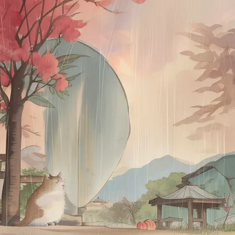 shuimobysim,village,rain,peach blossom,peach tree,bonian, (no humans)