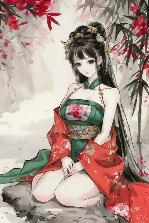 ((tachi-e)), original,(illustration:1.1),(best quality),(masterpiece:1.1), (extremely detailed CG unity 8k wallpaper:1.1),(ecchi0.5), (trees:0.5), (flowers:0.6) ,(birds:0.2), (bamboo0.1), lakes,(panorama shot:1.4),(full body:1.05),(solo:1.2), (ink splashing),(color splashing),((watercolor)), clear sharp focus,{ 1girl },((chinese style )),(flowers,woods),outdoors,rocks, looking at viewer, make happy expressions,soft smile,pure,beautyfull detailed face and eyes,beautyfull intricacy clothing decorative pattern details, black hair,black eyes,Hangzhou, wuchangshuo, wuchangshuo in background, <lora:moxin_1010:0.8>,((arms behind back)),sitting