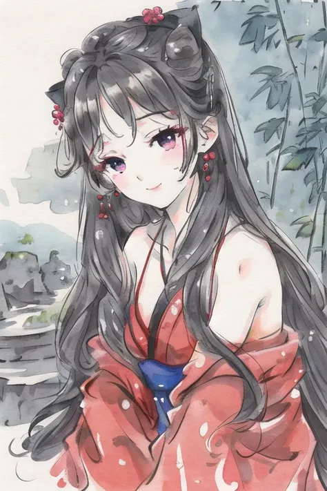 ((tachi-e)), original,(illustration:1.1),(best quality),(masterpiece:1.1), (extremely detailed CG unity 8k wallpaper:1.1),(ecchi0.5), (trees:0.5), (flowers:0.6) ,(birds:0.2), (bamboo0.1), lakes,(panorama shot:1.4),(full body:1.05),(solo:1.2), (ink splashing),(color splashing),((watercolor)), clear sharp focus,{ 1girl },((chinese style )),(flowers,woods),outdoors,rocks, looking at viewer, make happy expressions,soft smile,pure,beautyfull detailed face and eyes,beautyfull intricacy clothing decorative pattern details, black hair,black eyes,Hangzhou, wuchangshuo, wuchangshuo in background, <lora:moxin_1010:0.8>,((arms behind back)),sitting
