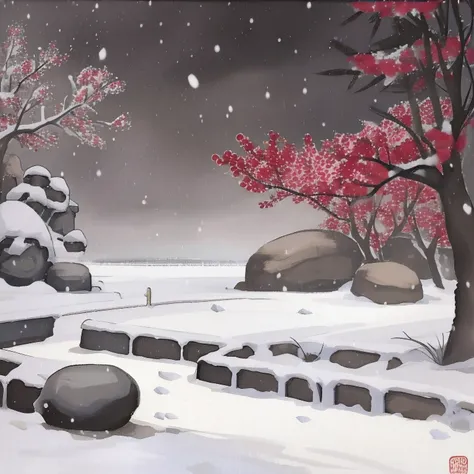 shuimobysim,plum blossom,stone,night,snow,bonian, (no humans)