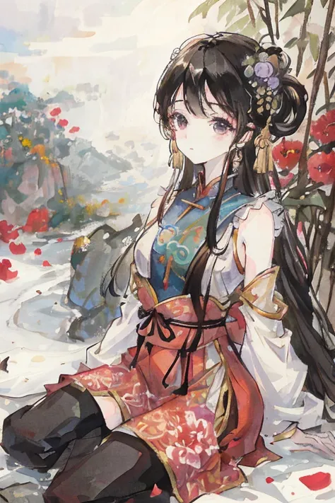 ((tachi-e)), original,(illustration:1.1),(best quality),(masterpiece:1.1), (extremely detailed CG unity 8k wallpaper:1.1),(ecchi0.5), (trees:0.5), (flowers:0.6) ,(birds:0.2), (bamboo0.1), lakes,(panorama shot:1.4),(full body:1.05),(solo:1.2), (ink splashing),(color splashing),((watercolor)), clear sharp focus,{ 1girl },((chinese style )),(flowers,woods),outdoors,rocks, looking at viewer, make happy expressions,soft smile,pure,beautyfull detailed face and eyes,beautyfull intricacy clothing decorative pattern details, black hair,black eyes,Hangzhou, wuchangshuo, wuchangshuo in background, <lora:moxin_1010:0.8>,((arms behind back)),sitting