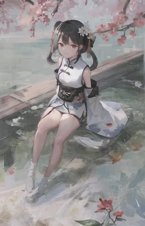 ((tachi-e)), original,(illustration:1.1),(best quality),(masterpiece:1.1), (extremely detailed CG unity 8k wallpaper:1.1),(ecchi0.5), (trees:0.5), (flowers:0.6) ,(birds:0.2), (bamboo0.1), lakes,(panorama shot:1.4),(full body:1.05),(solo:1.2), (ink splashing),(color splashing),((watercolor)), clear sharp focus,{ 1girl },((chinese style )),(flowers,woods),outdoors,rocks, looking at viewer, make happy expressions,soft smile,pure,beautyfull detailed face and eyes,beautyfull intricacy clothing decorative pattern details, black hair,black eyes,Hangzhou, wuchangshuo, wuchangshuo in background, <lora:moxin_1010:0.8>,((arms behind back)),sitting,
