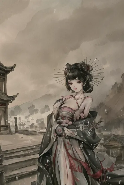 shukezouma, negative space, shuimobysim, raining, Hangzhou, bonian, bonian in background, shukezouma, <lora:Moxin_1010:0.9> pureerosface_v1, 1girl,((medium breast 0.35)), walking, holding umbrella, (birds : 3)