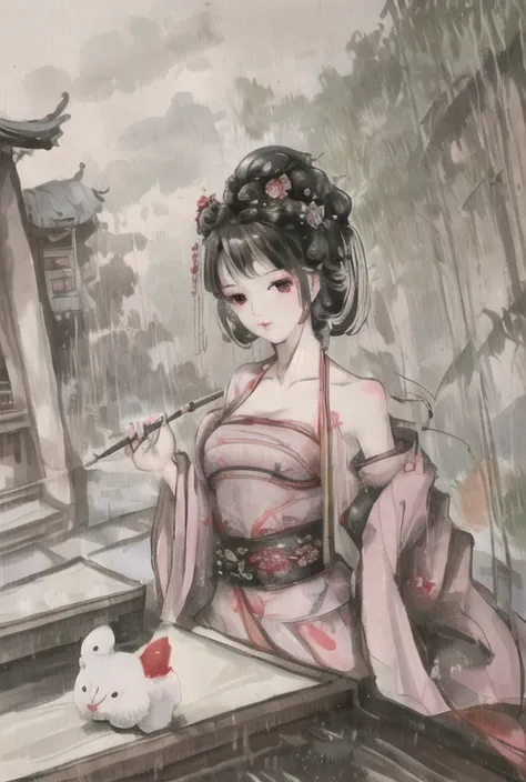 shukezouma, negative space, shuimobysim, raining, Hangzhou, bonian, bonian in background, shukezouma, <lora:Moxin_1010:0.9> pureerosface_v1, 1girl,((medium breast 0.35)), reading, brown eyes, roof, (bamboo : 2), no animals