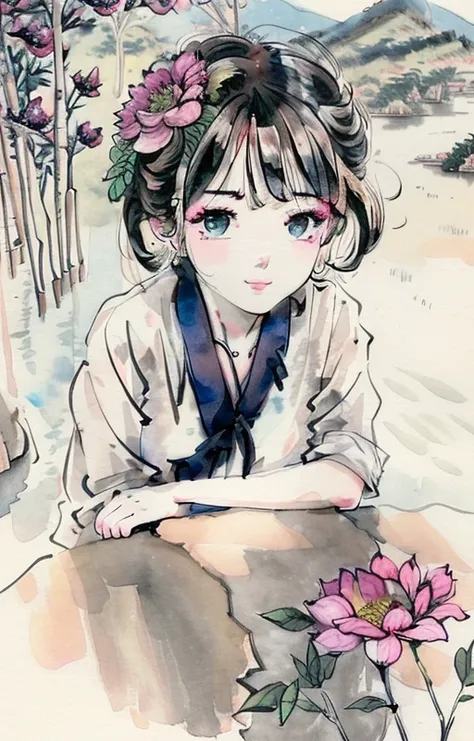 1 girl,((tachi-e)), original,(illustration:1.1),(best quality),(masterpiece:1.1), (extremely detailed CG unity 8k wallpaper:1.1),(ecchi0.5), (trees:0.5), (flowers:0.6) ,(birds:0.2), (bamboo0.1), lakes,(panorama shot:1.4),(full body:1.05),(solo:1.2), (ink splashing),(color splashing),((watercolor)), clear sharp focus,{ 1girl },((chinese style )),(flowers,woods),outdoors,rocks, looking at viewer, make happy expressions,soft smile,pure,beautyfull detailed face and eyes,beautyfull intricacy <lora:Moxin_1010:1>