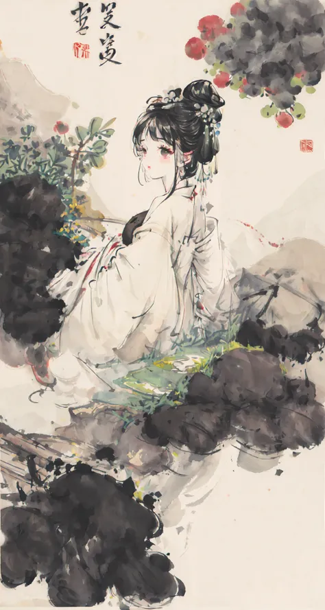 shukezouma,(illustration:1.1),(best quality),(masterpiece:1.1),(panorama shot:1.3),(full body:1.25),(solo:1.2),highres,
(ink splashing),(color splashing),(watercolor),mountainous horizon,
1girl sitting, garden,bridge,river,reflection, bonian,ru_qun,hanfu,hanfugirl,white shirt, white skirt,
looking behind, make happy expressions,soft smile,pure,beautyfull detailed face and eyes,normal breasts
black hair,black eyes,