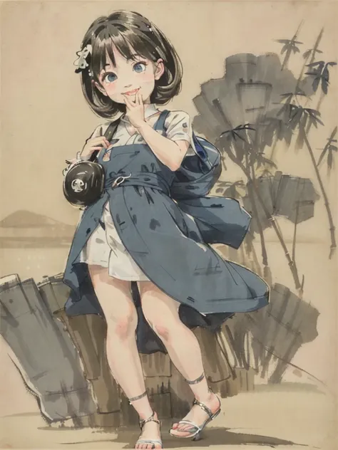(one girl:1.3),shukezouma, shuimobysim,  <lora:TangKeke:0.6> ,<lora:nadiaLaArwall_vRetroAnime:0.3> ,( solo:1.4),long hair,water splash, (bamboo:1.3),(lakes:1.3),bonian, (smile:1.4),(close mouth:1.2), bangs, (blue_eyes), eyelashes, perfect body,  ((sanpaku)), ((full body)),looking at camera,( cute expression),<lora:Moxin_1010:0.6>, <lora:Moxin_Shukezouma:0.8>,(CharTurner:1.3).