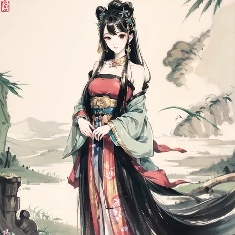 <lora:Moxin_Shukezouma10:0.7>, masterpiece, best quality, official art, 8k wallpaper, highly detailed, illustration, 1 girl, black hair, long hair, bamboo forrest, bare shoulders, lakes, pure, soft smile <lora:Moxin_10:0.7>