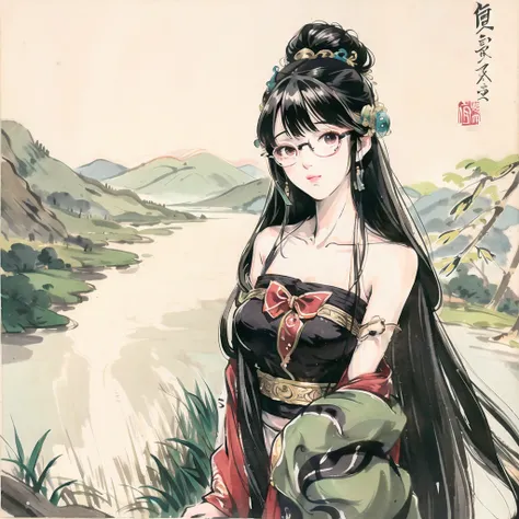 <lora:Moxin_Shukezouma10:0.7>, masterpiece, best quality, official art, 8k wallpaper, highly detailed, illustration, 1 girl, glasses, black hair, long hair, bamboo forrest, bare shoulders, lakes, pure, look at viewer<lora:Moxin_10:0.7>