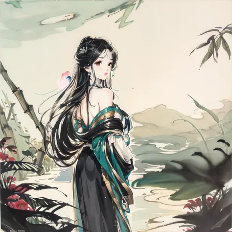 <lora:Moxin_Shukezouma10:0.7>,st.louis,  masterpiece, best quality, official art, 8k wallpaper, highly detailed, illustration, 1 girl,  black hair, bamboo forrest, bare shoulders, lakes, pure, look at viewer, <lora:Moxin_10:0.7>,  <lora:stLouisLuxuriousWheels_v1:0.7>