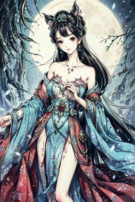 perfect beautiful woman, Amazing anatomy, (fantastic perfect art, 64k ultra hd:1.1), (art by apterus, art by dan mumford, art by lovecraft:1.2), best quality, 500px, cgsociety, rich, goddess, 1girl, intricate details, delicate patterns, detailed, masterpiece painting, artwork, hiqcgbody, (ecchi0.5), (trees:0.5), (flowers:0.6) ,(birds:0.2), willow, bridge, smiling, moon in the background, <lora:Moxin_10:0.8>