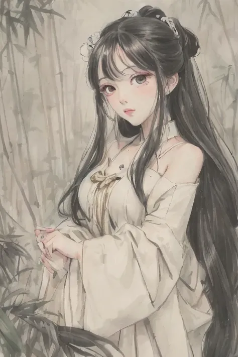 masterpiece, best quality, official art, 8k wallpaper, highly detailed, illustration, 1 girl, black hair, long hair, detailed eyes, bamboo forrest, bare shoulders, lakes, pure, soft smile <lora:Moxin_10:0.55>
 <lora:hipoly3DModelLora_v10:0.0> <lora:fashionGirl_v45:0.4> <lora:Moxin_Shukezouma10:0.7>