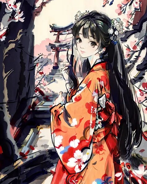 anime,(masterpiece:1.2), 1lady, long hair,Cherry blossoms, torii, yukata, stone steps, sky,facing viewer,monochrome, <lora:Moxin_10:0.7>