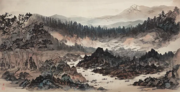 a painting of a landscape with trees and mountains in the background, badashanren, landscape, a painting, ancient china painting <lora:Moxin_10:0.8>