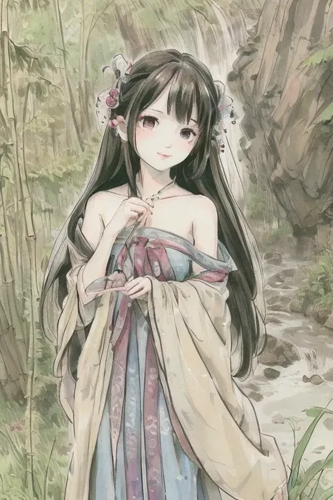 masterpiece, best quality, official art, 8k wallpaper, highly detailed, illustration, 1 girl, black hair, long hair, detailed eyes, bamboo forrest, bare shoulders, lakes, pure, soft smile