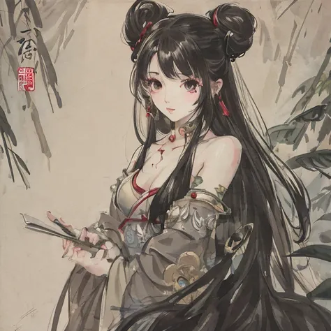 <lora:shukezouma:0.73> <lora:Moxin_10:0.7>masterpiece, best quality, official art, 8k wallpaper, highly detailed, illustration, 1 girl, black hair, long hair, detailed eyes, bamboo forrest, bare shoulders, lakes, pure, soft smile