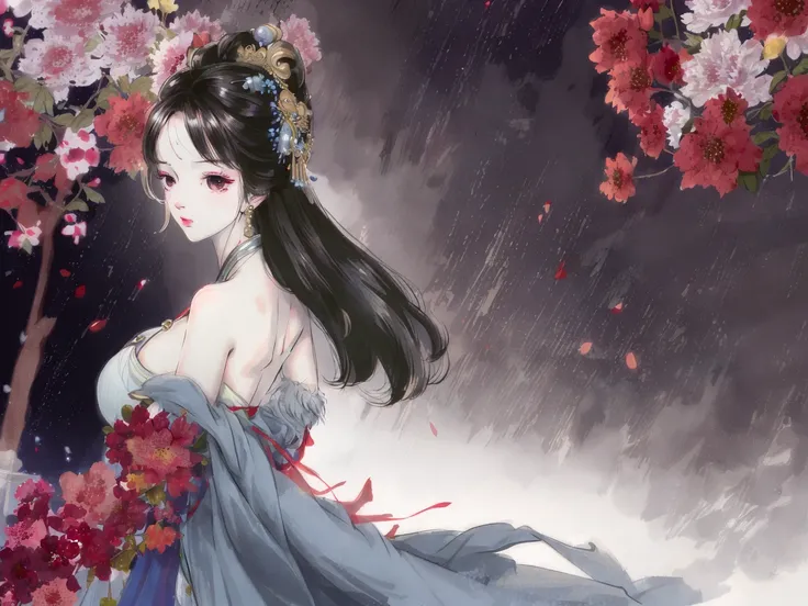masterpiece, best quality, highres, <lora:Moxin_10:0.7> , 1girl, long hair, medium breasts, china dress, <lora:elegantHanfuRuqun_v10:0.8>, (elegent,) from side, looking back, upper body, partially immersed, flowers, east asian architecture, outdoors, flowers in the sky