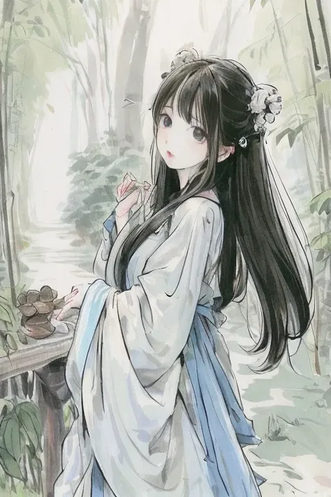 masterpiece, best quality, official art, 8k wallpaper, highly detailed, illustration, 1 girl, The left hand is raised, and a little bird lands on the back of the hand,black hair, long hair, detailed eyes, bamboo forrest, bare shoulders, lakes, pure, soft smile