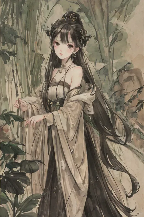 <lora:Moxin_Shukezouma10:0.73> <lora:Moxin_10:0.7>masterpiece, best quality, official art, 8k wallpaper, highly detailed, illustration, 1 girl, black hair, long hair, detailed eyes, bamboo forrest, bare shoulders, lakes, pure, soft smile,