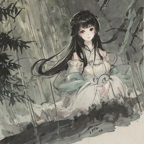 <lora:shukezouma:0.73> <lora:Moxin_10:0.7>masterpiece, best quality, official art, 8k wallpaper, highly detailed, illustration, 1 girl, black hair, long hair, detailed eyes, bamboo forrest, bare shoulders, lakes, pure, soft smile