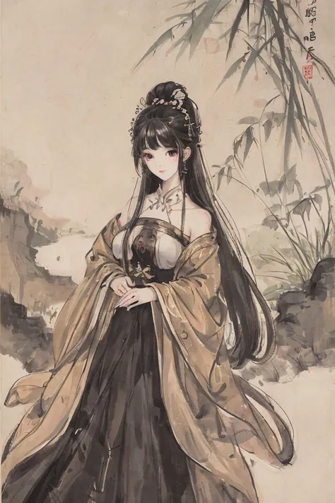 <lora:Moxin_Shukezouma10:0.73> <lora:Moxin_10:0.7>masterpiece, best quality, official art, 8k wallpaper, highly detailed, illustration, 1 girl, black hair, long hair, detailed eyes, bamboo forrest, bare shoulders, lakes, pure, soft smile,