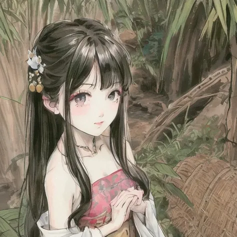 <lora:Moxin_10:0.8>masterpiece, best quality, official art, 8k wallpaper, highly detailed, illustration, 1 girl, black hair, long hair, detailed eyes, bamboo forrest, bare shoulders, lakes, pure, soft smile