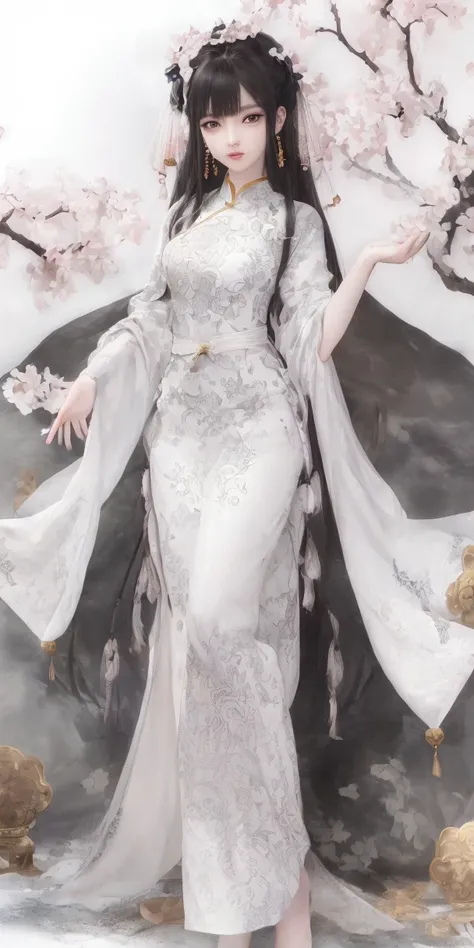 shuimobysim, (white background:1.4), ((tachi-e)), original,(illustration:1.1),(best quality),(masterpiece:1.1),(extremely detailed CG unity 8k wallpaper:1.1), (colorful:0.9),(panorama shot:1.4),(full body:1.05),(solo:1.2), (ink splashing),(color splashing),((watercolor)), clear sharp focus,{ 1girl standing },((chinese style )),(flowers,woods),outdoors,rocks, looking at viewer, make happy expressions,soft smile,pure,beautyfull detailed face and eyes,beautyfull intricacy clothing decorative pattern details, black hair,black eyes, <lora:Moxin_1010:0.8> <lora:fashionGirl_v45:0.5> <lora:hipoly3DModelLora_v10:0.2>