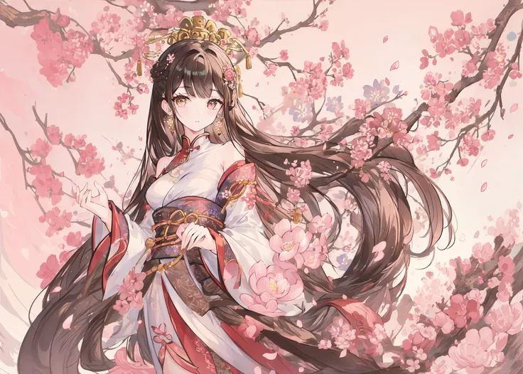 (masterpiece:1.2),atdan, 1girl, solo, branch, flower, jewelry, dress, earrings, tree, bangs, long hair, hair ornament, looking at viewer, chinese clothes, black hair, hair flower, brown hair, bare shoulders, very long hair, wide sleeves, long sleeves