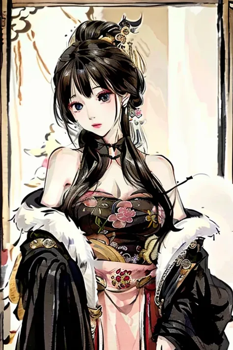 1girl, solo, looking at viewer, lips, chinese clothes, earrings, east asian architecture, hair ornament, beautiful eyes, shuimobysim